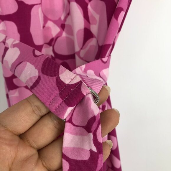 BCBGMaxAzria Pink Abstract Camo Shortsleeve 1/4 Button Midi Dress w/ belt M - Picture 4 of 16